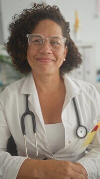 Woman doctor wearing labcoat and stethoscope, smiling with hands folded at desk in a building; compassion professional care.