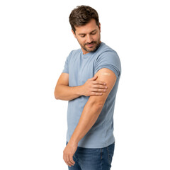 Obraz premium Man with bandaged arm rubbing shoulder in pain isolated on transparent background PNG element