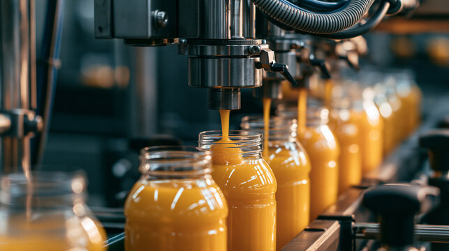 Industrial machinery filling glass jars with orange juice on a factory production line. Perfect for food processing.