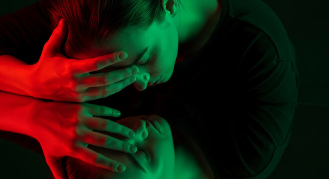Close-up of a person covering their face with hands under red and green light, symbolizing distress, introspection, and isolation.