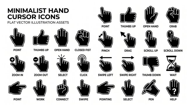 Minimalist hand cursor icons, flat vector illustration assets for web design. Black hand gesture symbols for user interface and apps.
