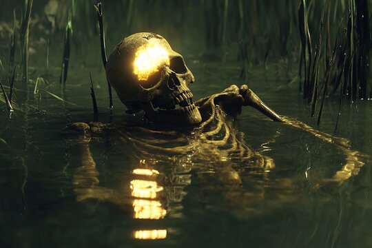 Skeletal figure rises from swamp waters with glowing eyes in dark setting