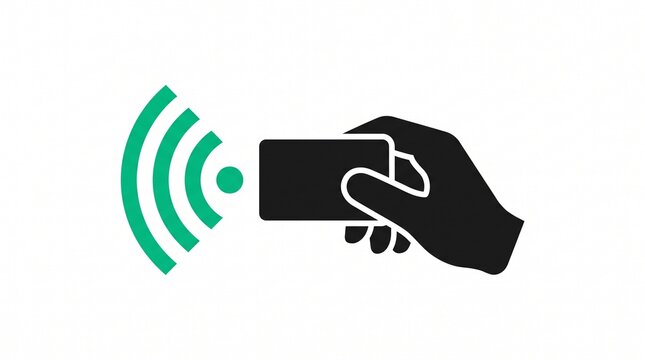 Contactless payment icon with hand holding card, NFC wireless signal symbol, secure digital transaction graphic on white background