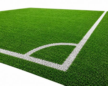 Green soccer field corner with white boundary lines on grass texture