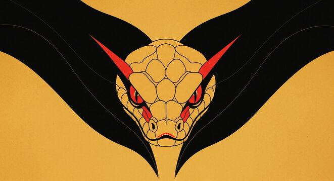 Stylized illustration of a snake's head with striking red eyes and black flowing mane, symbolizing power, danger, and a bold aesthetic