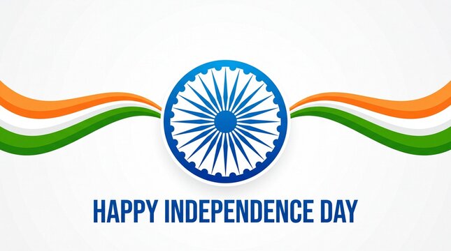 Graphic illustration of Indian flag colors with Ashoka Chakra and text wishing Happy Independence Day on a clean white background
