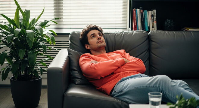 Man relaxing on a couch, with a plant and bookshelf nearby, symbolizing contemplation, leisure, or indoor comfort