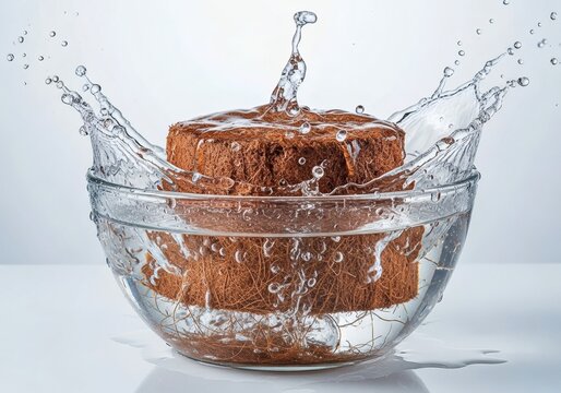 Compressed Coconut Coir Brick Hydrating in a Glass Bowl with Dynamic Water Splash
