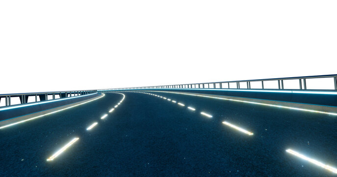 3d rendering futuristic highway road with glowing lines on transparent background