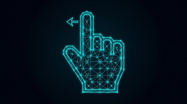 Futuristic digital hand icon with swipe left gesture, glowing blue wireframe touch screen interface, neon plexus technology concept