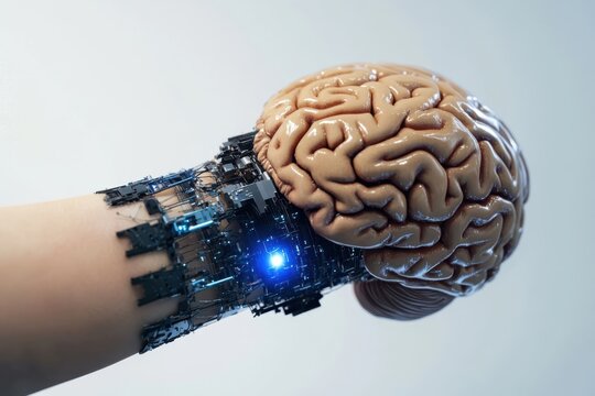 Close up view of artificial brain embedded in robotic hand exo structure