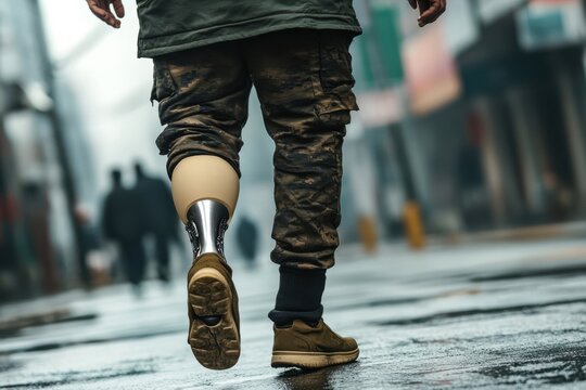 Man walking with modern bionic prosthetic leg on city street low angle view