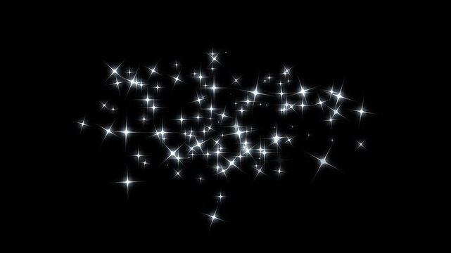 Twinkling glitter star animation with magical sparkle dust trail, bright white glowing particles, flowing light path, shimmering burst effect, fairy wand motion, elegant black screen overlay 4k