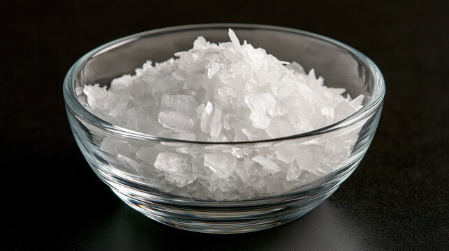 Clear glass bowl filled with flaky sea salt flakes on a dark background. Ideal for culinary and gourmet cooking recipes.