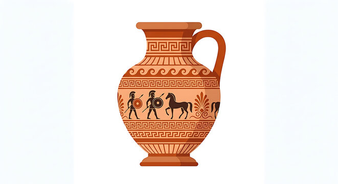 Ancient Greek pottery amphora vase with handdrawn warrior and horse silhouette illustration on white background