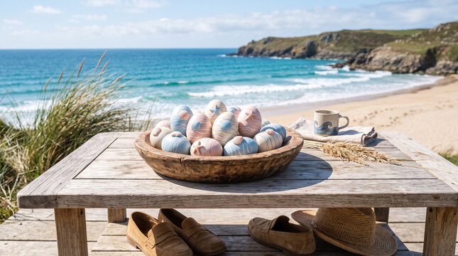 A rustic wooden bowl filled with decorative coastalthemed easter eggs sits on a weathered wooden table overlooking a scenic beach and ocean view