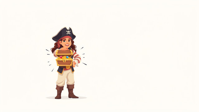 Cute pirate girl holding open treasure chest vector illustration isolated on white background