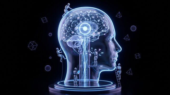 3d illustration of small robots working on a glowing digital human brain inside a transparent head, representing artificial intelligence development