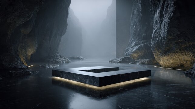 Moody modern swimming pool in underground cave, luxury spa interior with water reflections and dramatic lighting