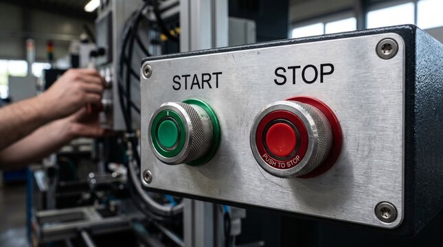 Industrial control panel with green start and red stop buttons, metal machine interface in factory, emergency switch for manufacturing