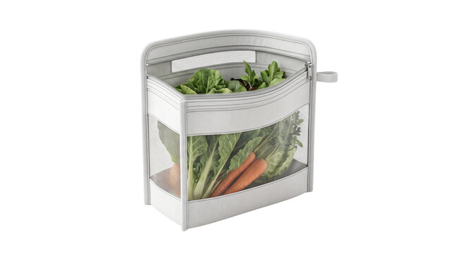Reusable silicone food storage bag with fresh vegetables. Eco-friendly kitchen container for produce. Zero waste silicone pouch for carrots and greens. isolated PNG with Transparent Background