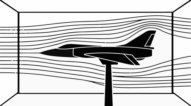 Aerodynamic wind tunnel test featuring jet aircraft model silhouette with airflow lines over white background with showing horizontal airflow
