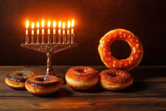 Traditional hanukkah menorah with burning candles and sweet glazed donuts with sprinkles on a wood table