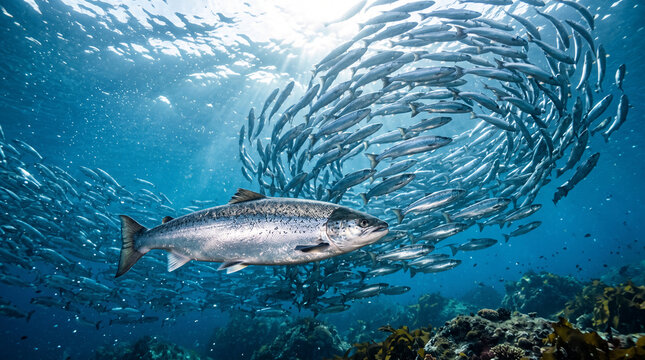 A large salmon swims in front of a school of smaller fish under sunlit blue ocean water, showcasing marine life and ecosystem dynamics.