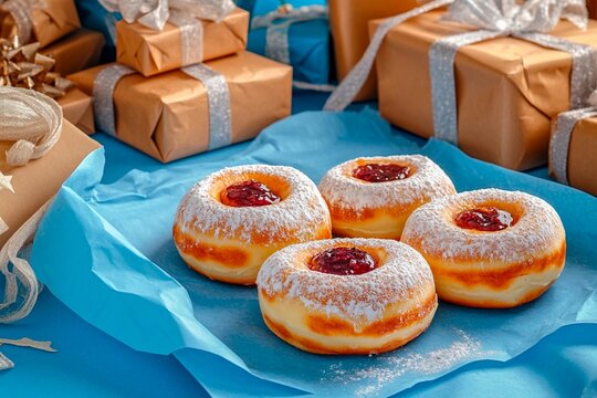 Delicious Hanukkah sufganiyot with powdered sugar and festive gifts arranged for celebration