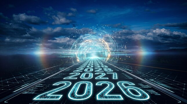 Futuristic digital highway with 2026 to 2030 timeline, glowing data road toward light portal, high tech vision for future planning