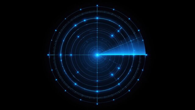 Futuristic blue radar interface with glowing scanning beam on dark background for security technology