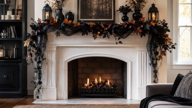 Elegant Halloween fireplace mantel with black garland lanterns and autumn leaves in cozy interior