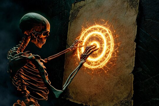 Mystical skeleton conjures circles of magic on ancient parchment in dim light