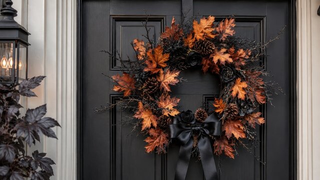 Elegant autumn wreath with black flowers maple leaves and pinecones on stylish front door