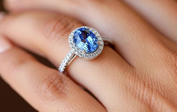 Close up of hand wearing diamond halo sapphire engagement ring. Oval deep blue gemstone surrounded by tiny diamonds on white gold band