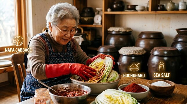 Elderly Korean woman preparing traditional kimchi at home with fresh ingredients.