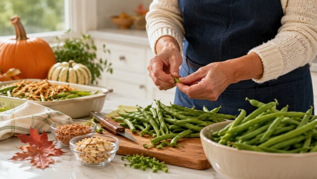 Person trimming fresh green beans for homemade Thanksgiving casserole in a bright autumn kitchen