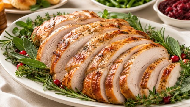 Sliced roasted turkey breast with fresh herbs and cranberries served on festive platter