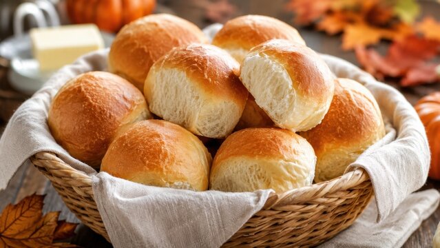 Fresh golden dinner roll served in basket for traditional Thanksgiving holiday meal