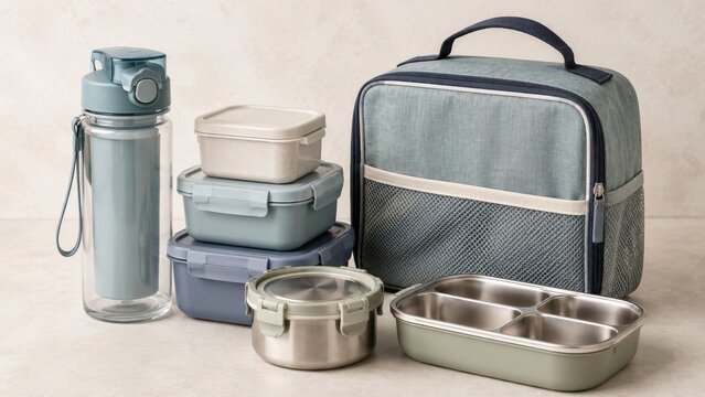Reusable lunch containers with insulated bag and water bottle arranged for school meals