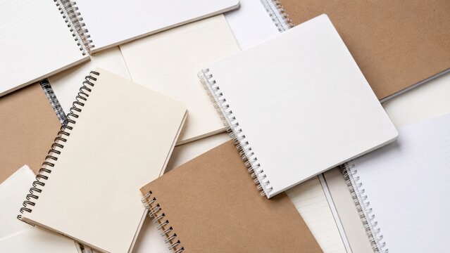 Collection of blank spiral notebooks with white and kraft covers arranged as a stationery background
