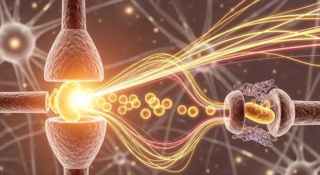 Detailed illustration of neuron firing and neurotransmitter release across a synaptic gap, showcasing brain communication