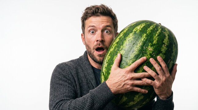 Surprised man holding huge watermelon on white background studio photo for health food humor and summer nutrition advertising