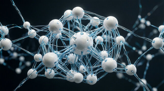 Neural synapse spheres glowing blue glass fibers forming a geometric network structure for advanced artificial intelligence and medical data concepts
