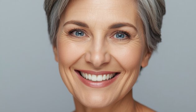 Mujer madura de pelo corto y canoso sonriendo con confianza