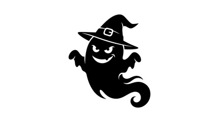 Helloween Cute Cartoon Ghost Wearing Witch Hat, Halloween Party Mascot, Black Silhouette Vector Illustration, Spooky Sugar Skull Style Icon, Holiday Decoration Design vector