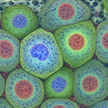 Detailed Microscopic View of Vibrant Biological Cells with Visible Nuclei and Organelles