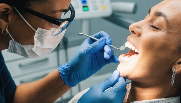 Dentista examinando la sonrisa de un paciente con un espejo dental; composici&oacute;n en primer plano centrada en la evaluaci&oacute;n de la salud bucal