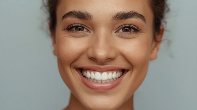 Mujer radiante sonriendo con naturalidad en un retrato en primer plano; alegr&iacute;a genuina, ojos expresivos