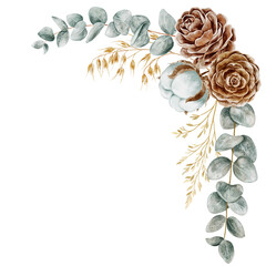Watercolor corner border with dried brown roses, cotton bolls, eucalyptus leaves, and golden grasses. Rustic boho botanical frame isolated on white © Ольга Примачек